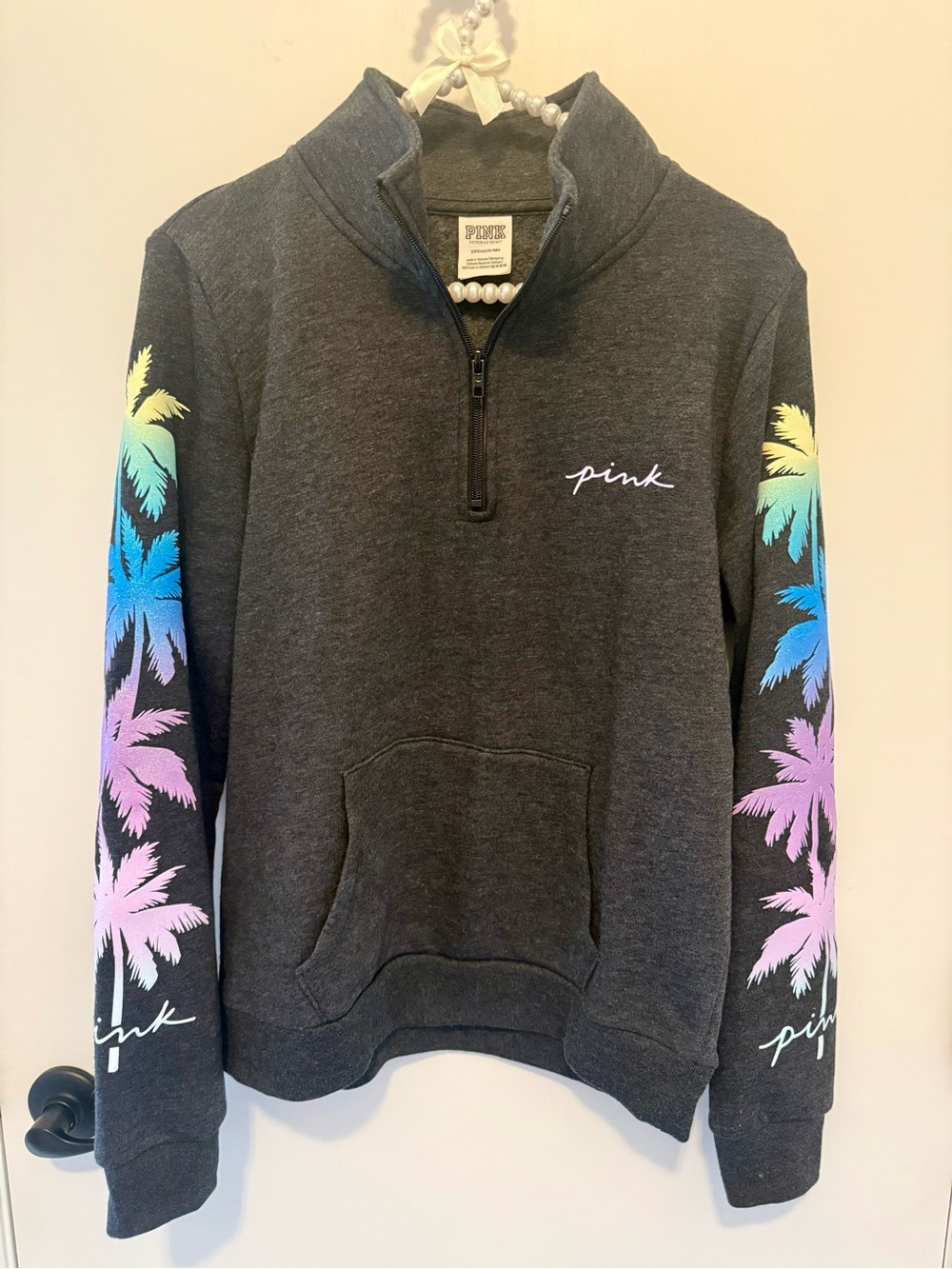 PINK Victoria's Secret Charcoal Quarter Zip with Gradient Palm Print-Size Small